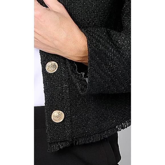 QVC Susan Graver Cropped Tweed Blazer w/ Fringe Detail BLACK NWOT Size 12 - Picture 2 of 8